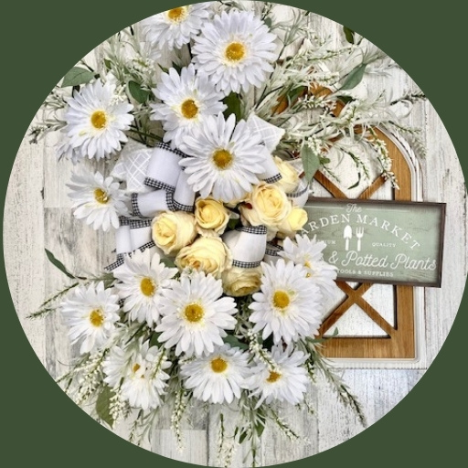 White Daisies on cathedral windoe pane with flower market sign